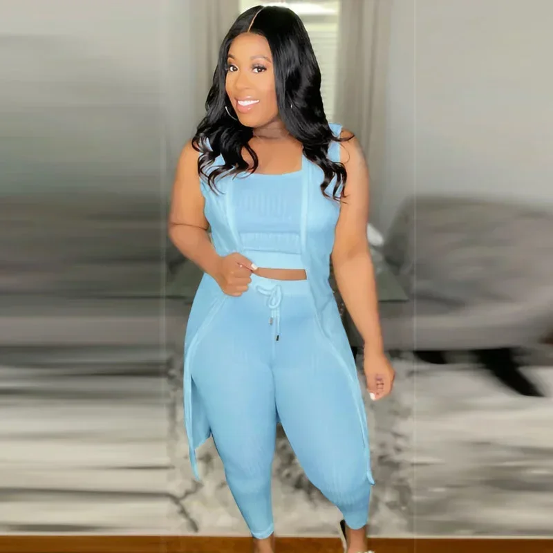 

GUWU Knit Ribbed Open Stitch Long Top and Tank + Legging Pants Three Piece Suit Women Matching Set Casual Tracksuit Outfits