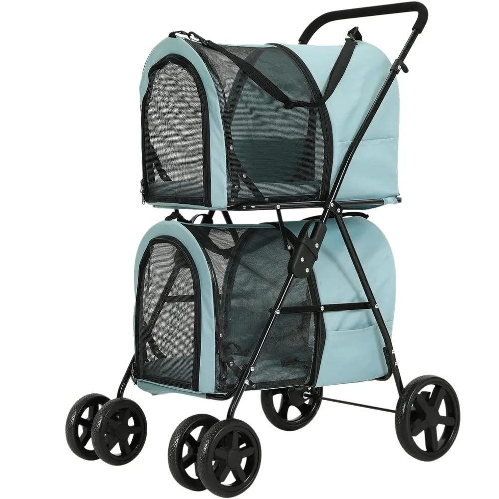 Doppelter Haustierkinderwagen für Hunde und Katzen, 2 abnehmbare Träger, 4 abschließbare Räder, Katzenkinderwagen für 2 Katzen, Doppelhundekinderwagen