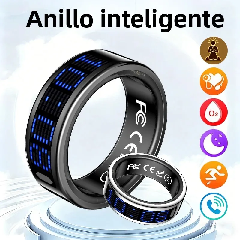 Nuevo Anillo Inteligente con Pantalla LED Azul, Monitoreo de Salud, Identificador de Llamadas, Modos Multideportivos para Hombres y Mujeres, Anillo de Salud de Acero Inoxidable