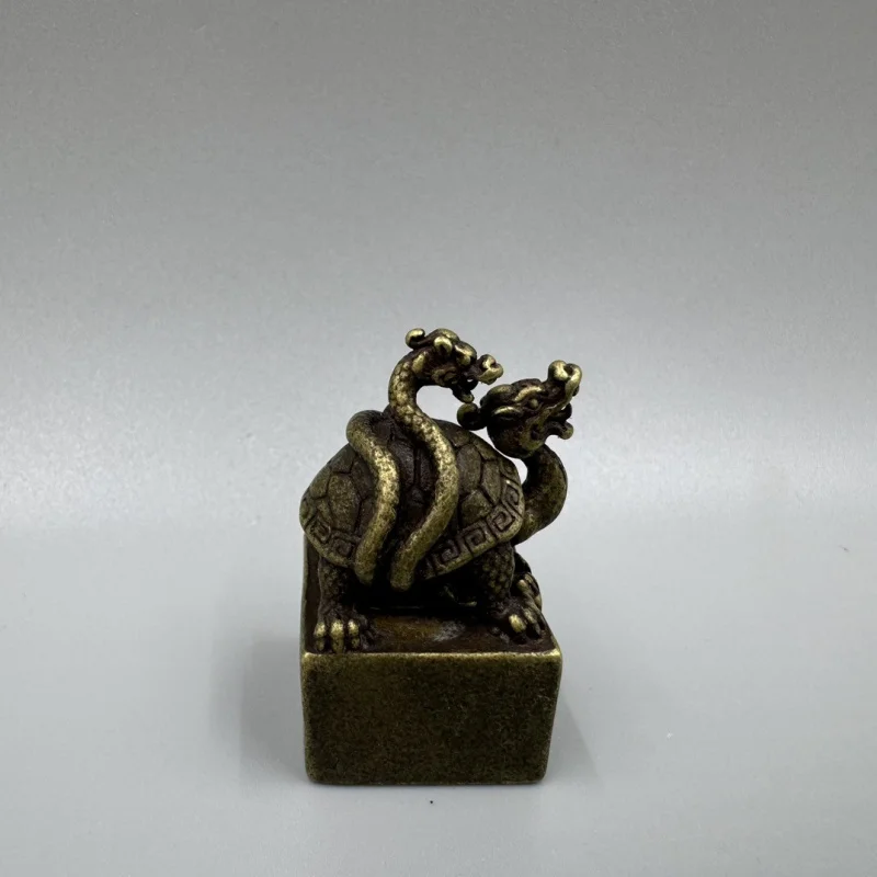 Antique Collectible Bronze Mythical Creature Xuanwu Set Ornament, Pure Brass Seal Decoration Craft