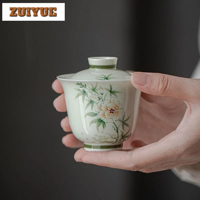 120ml Fruit Green Cover Bowl Household Hand Drawn Peony Flowers Bowl Anti Scald Gaiwan Zen Tea Tureen Chinese Tea Maker Gifts