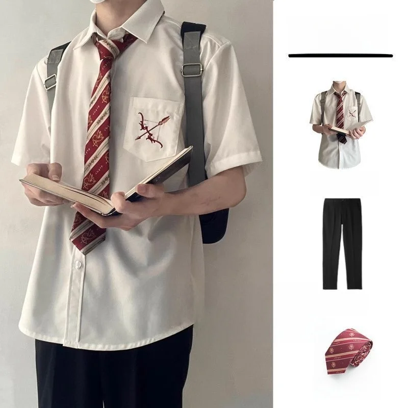 

Cupid's Love God DK Men's And Women's White Japanese Style Long Sleeve Short Sleeve Embroidered Shirt School Uniform Tie Set