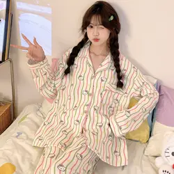 Sanrio Hello Kitty Autumn Winter Colorful Striped Pajamas Cute Print Long Sleeved Pants Velvet Sleepwear Sweet Y2k Girl Home Set