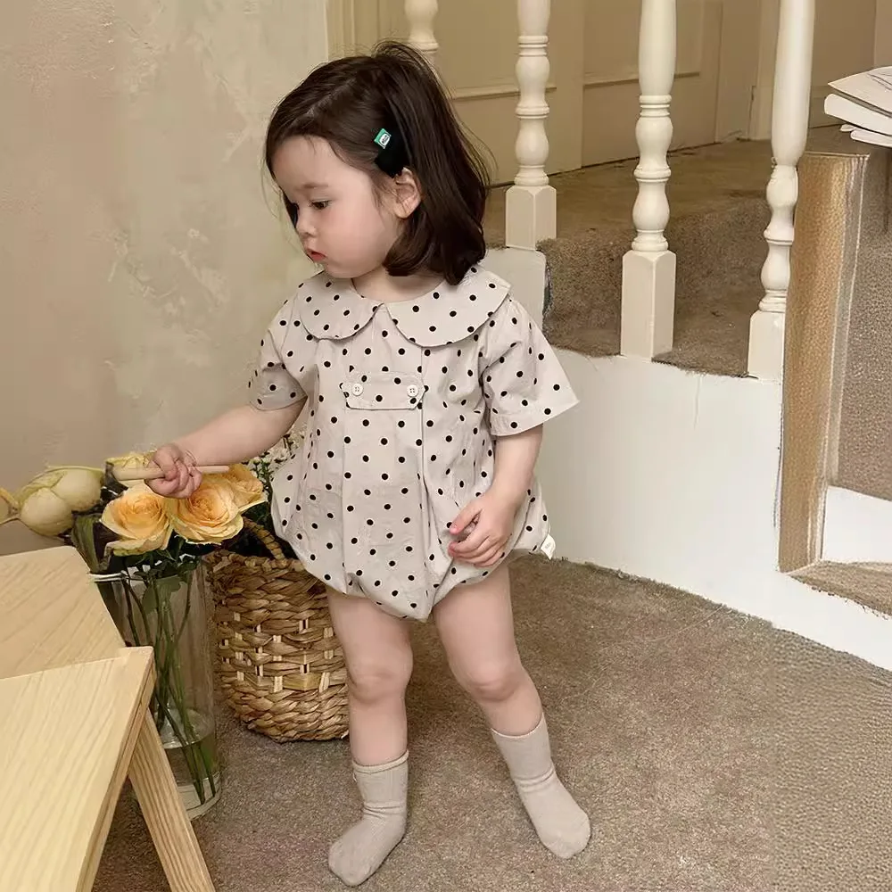 

Baby Onesie Summer Korean Style 2024 New Fashionable Girl Lapel Polka Dot Fashionable Sweet Casual Simple Girls Romper