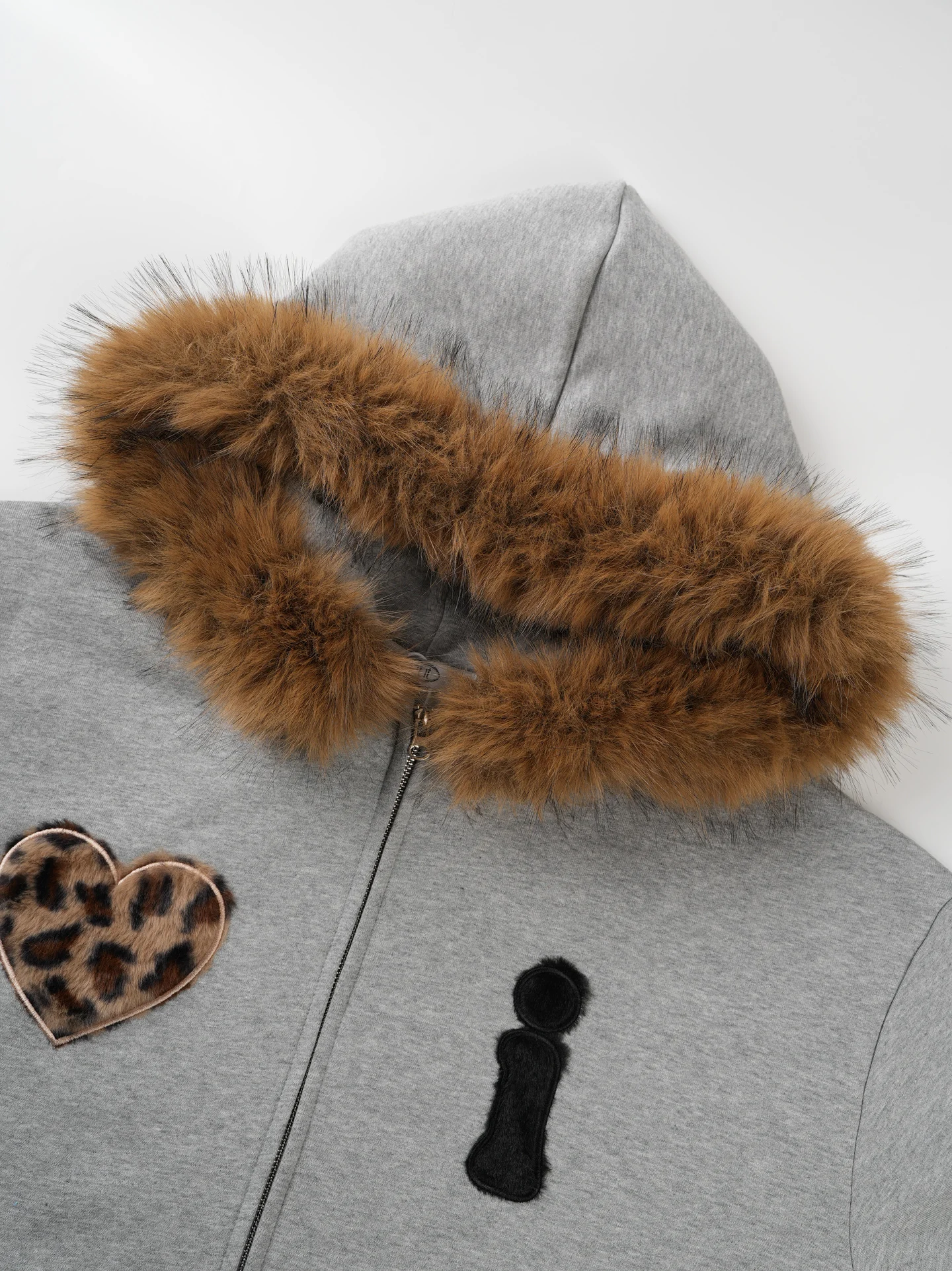 American Style Fleece Lined Hooded Jacket with Zipper for Men And Women Couples Leopard Print Heart Pattern Loose Outerwear