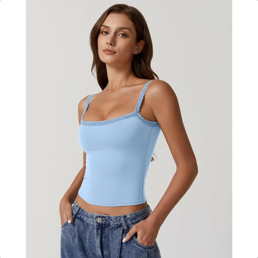 QINSEN レディース スクエアネック レース トリム タンク トップ ダブル裏地 スリム フィット Y2k お出かけ キャミソール シャツ