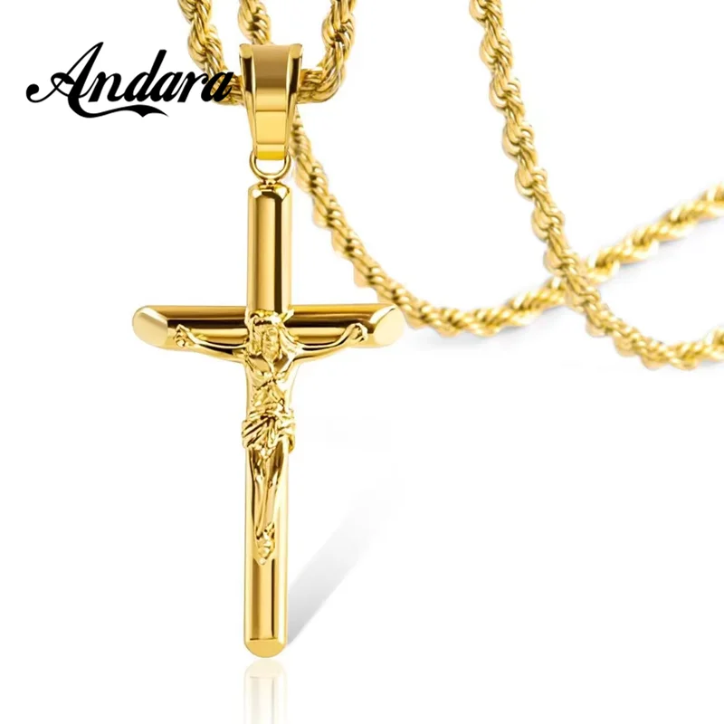Andara 925 Sterling Silber Religiöse Kreuz-Halskette Katholizismus Jesus Anhänger Goldfarben Kette Kirchen-Gebetsschmuck – Detail 6