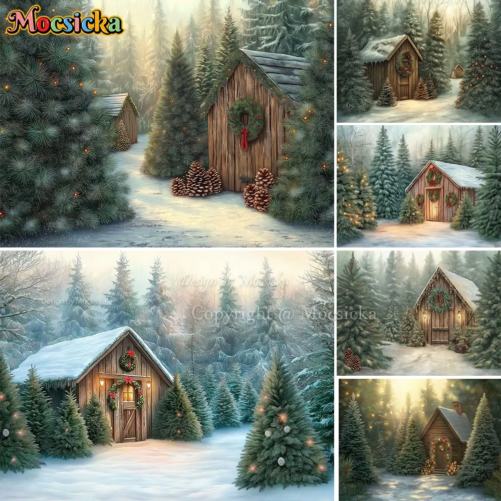 Mocsicka Christmas Tree Farm Backdrop Photography Winter Sunshine Snowy Wooden Cabin Background Family Kid Portrait Photo Booth