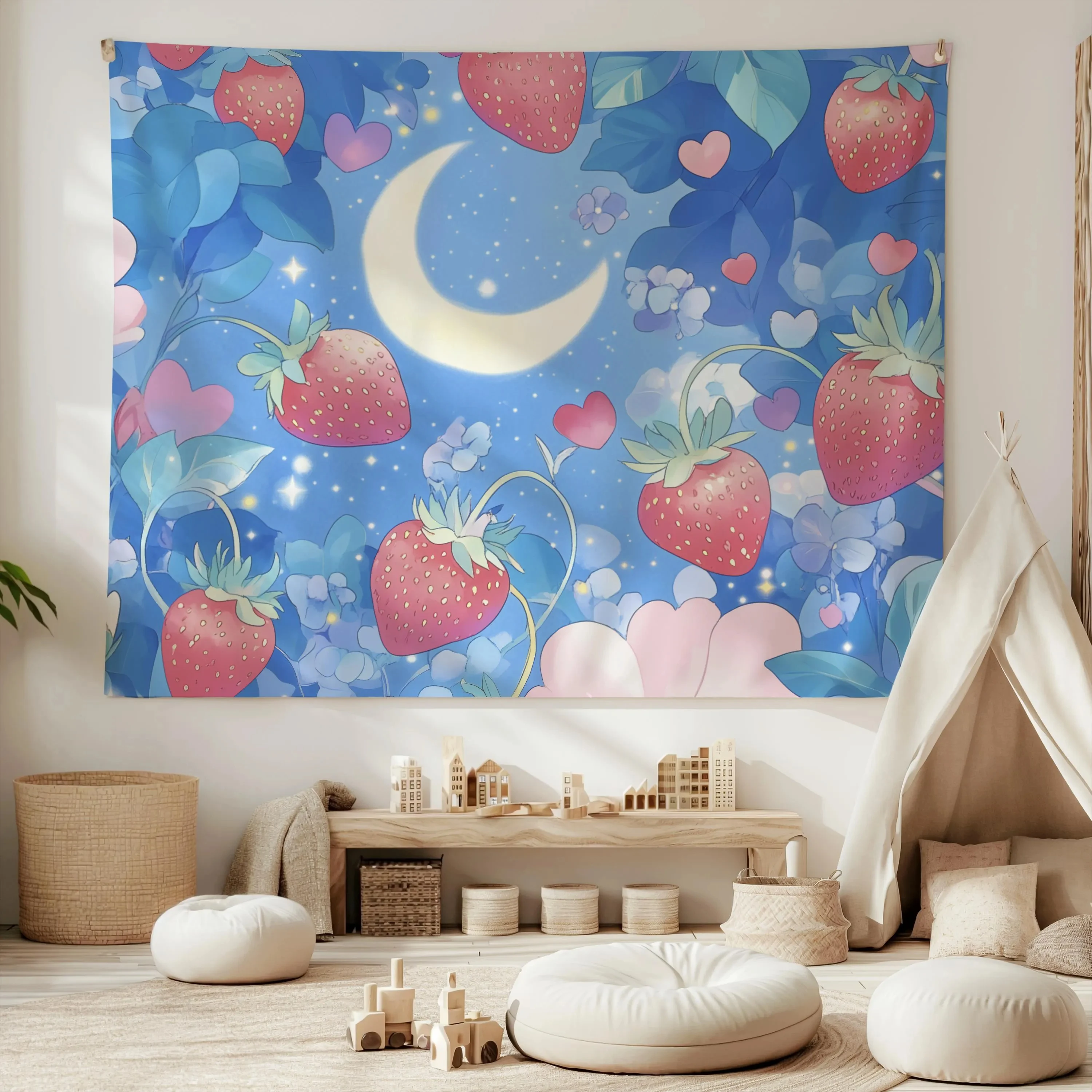 VIKAMA Dreamy Strawberry Moon Tapestry Girl Heart Ins Wind Background Cloth Children's Room Decoration Room Decoration
