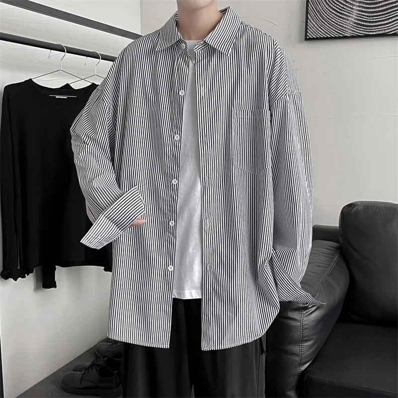 

2024 Men's Loose Shirts with Long Sleeves Striped Social Blouses Fitting Non-Ironing Stylish Spring and Autumn Clothing N172