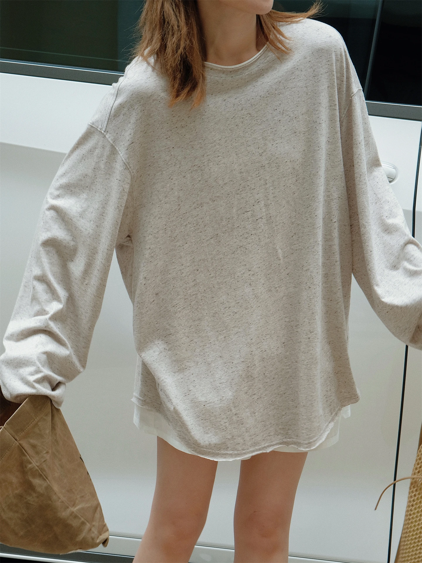 

Loose Long Sleeve T-Shirt Women's Spring Style French Loose Fit Sun Protection Color Block round Neck Drop Shoulder Top
