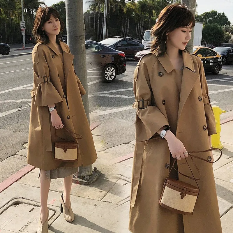 

New women's trench coat with flared sleeves mid-length knee-length loose lace-up double-breasted