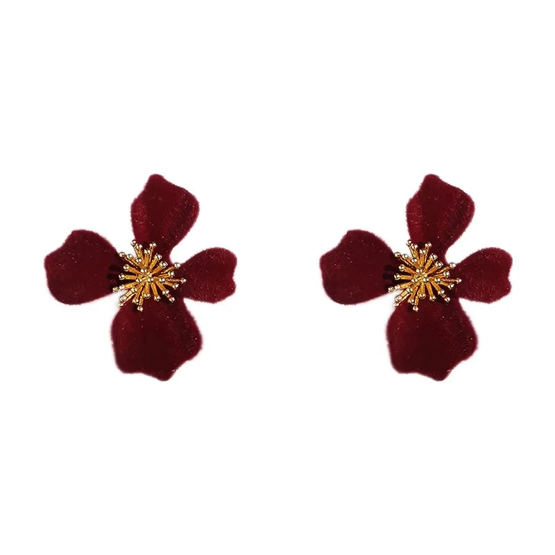 

Retro red earrings, velvet light luxury high-end autumn and winter flower earrings for women