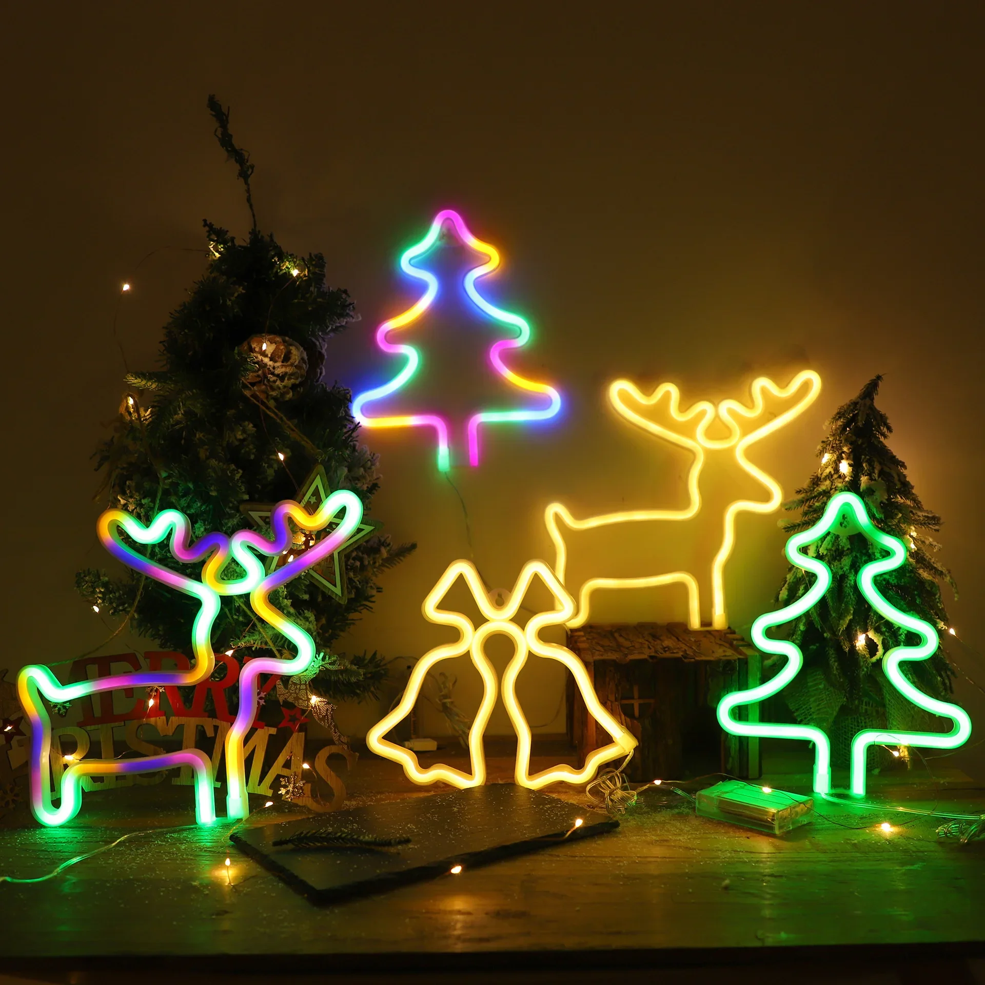 LED Christmas Socks Neon Sign Light Lamp Colorful Wall Lights Hat Bells Christmas Tree Snowflake Elk Ornaments Decor Room Party