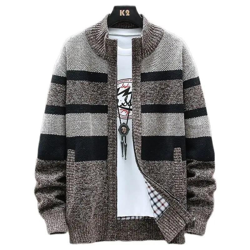 

Autumn Winter Korean Style Men Patchwork Cardigan Sweaters Men's StCollar Sweater Coat Zipper Knitted Jacket Male 8829