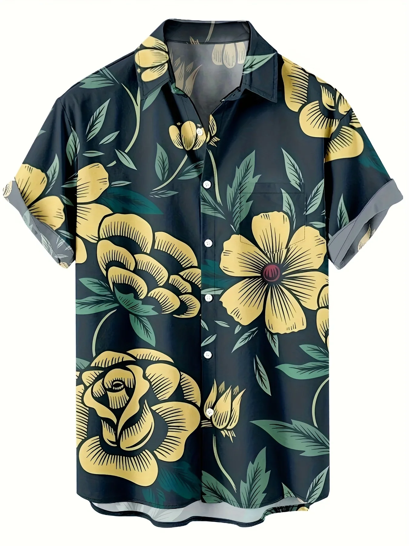 Multi Styles Summer Basic Black Yellow Rose Hawaiian Shirt Male Single Breasted Slim Outdoor Daily Shirts