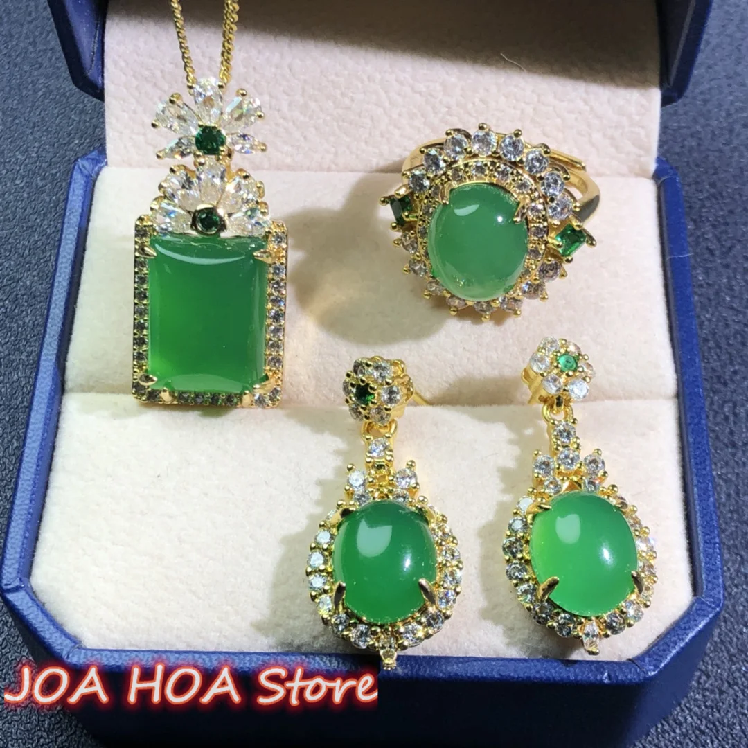 Fine Gold-plated Inlays Inlaid Natural Chalcedony Agate Jade Leaf Pendant Ring Earring Chain Necklace Jewelry