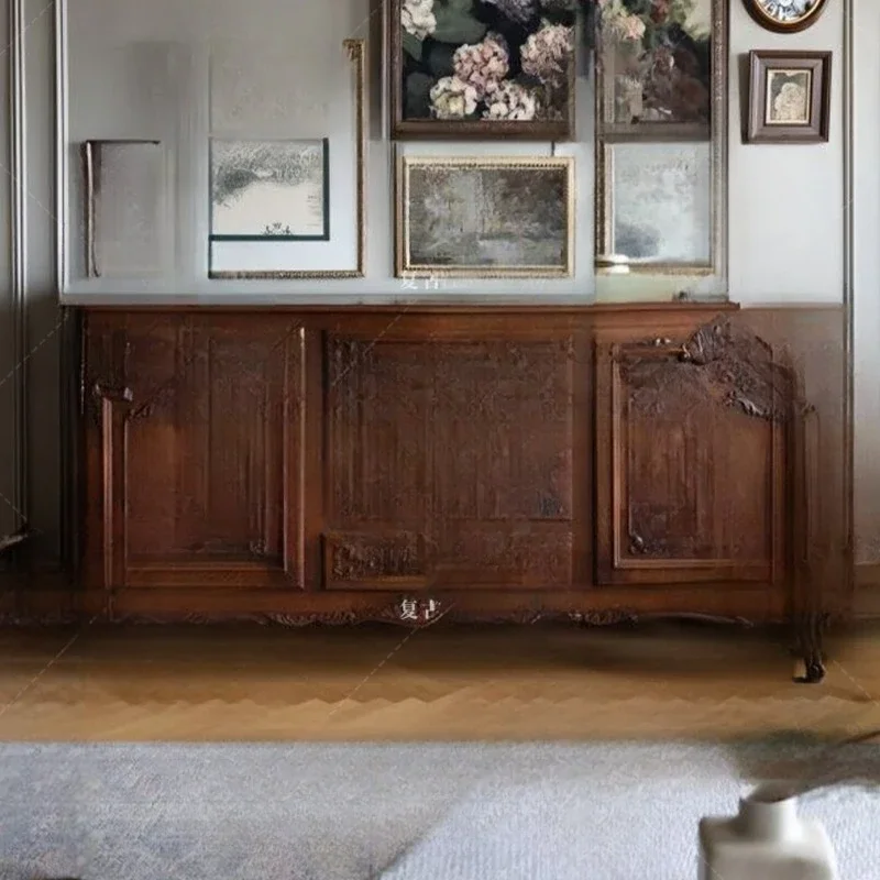 French retro solid wood carving flower porch cabinet small apartment living room decorative cabinet locker display cabinet