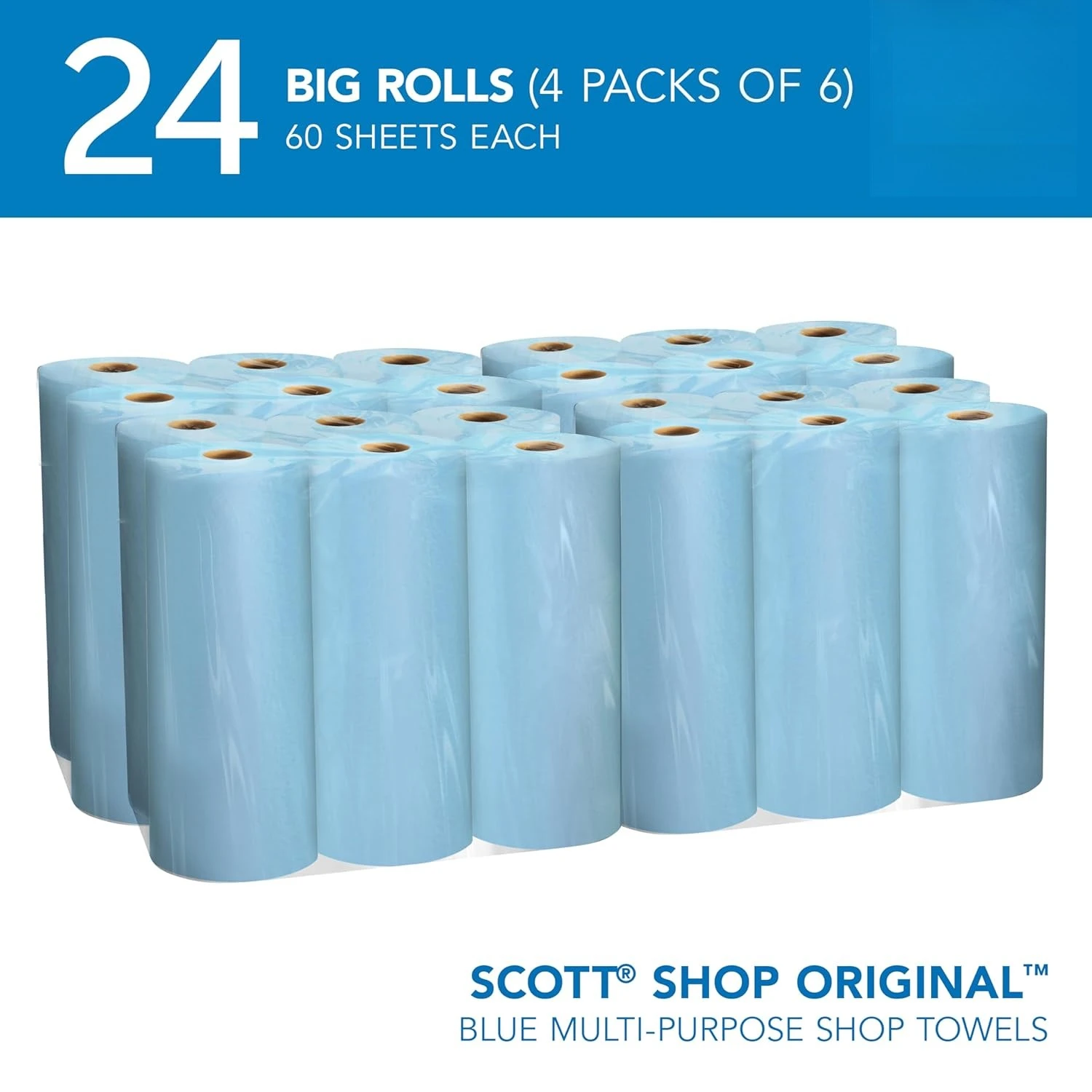 

Big Rolls, 4 Packs of 6 Rolls, 11"x9.4" Blue Sheets, 24 Rolls/Case, 1,440 Towels/Case