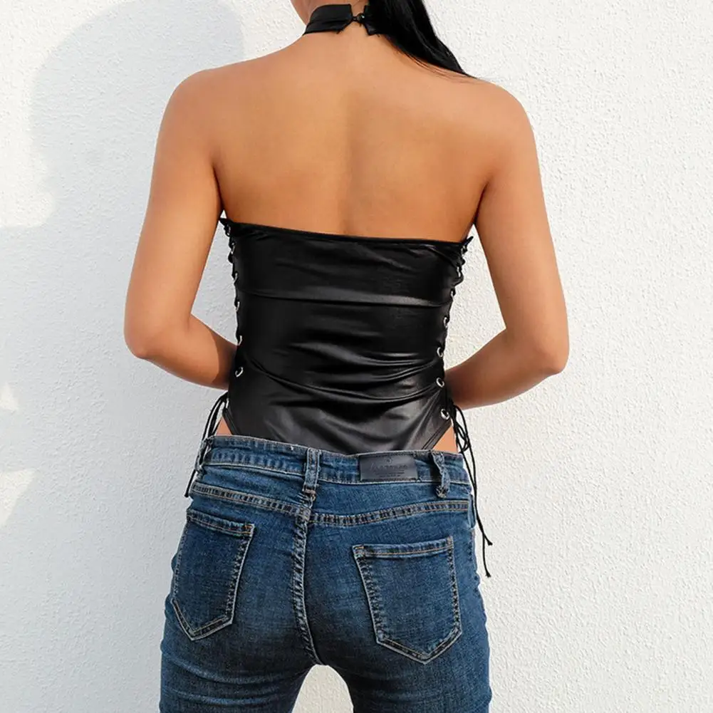 ผู้หญิงชุดว่ายน้ําสิทธิบัตรหนังด้านข้าง LACE-up ฤดูร้อนปิดไหล่ Slim-fitting บิกินี่สําหรับ Beach One Piece ชุดว่ายน้ํา