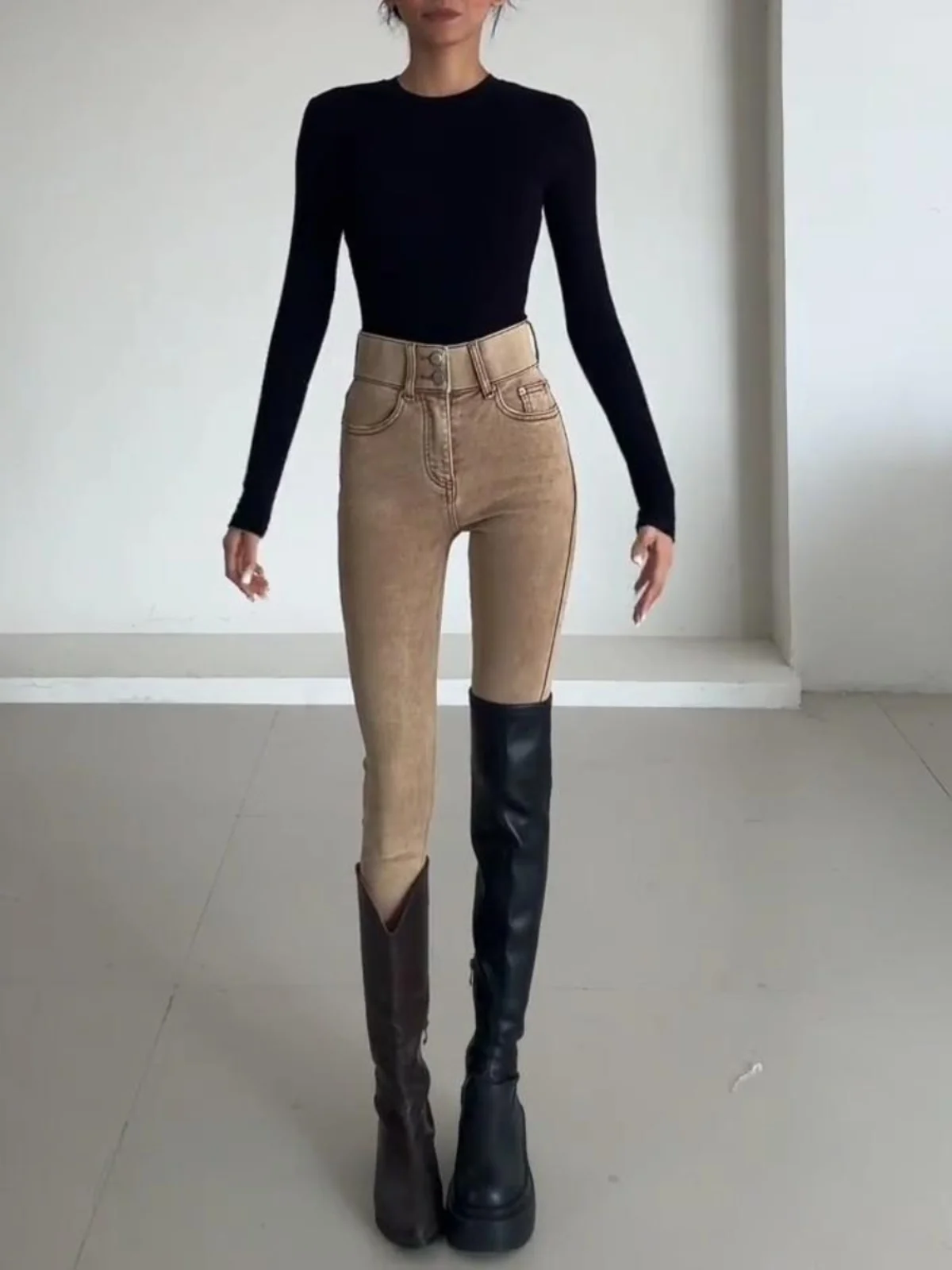 

American Retro Khaki Pencil Jeans Women's High Waist Slim Fit Elastic Nine Point Pants Casual Sle l Waist Long Pants