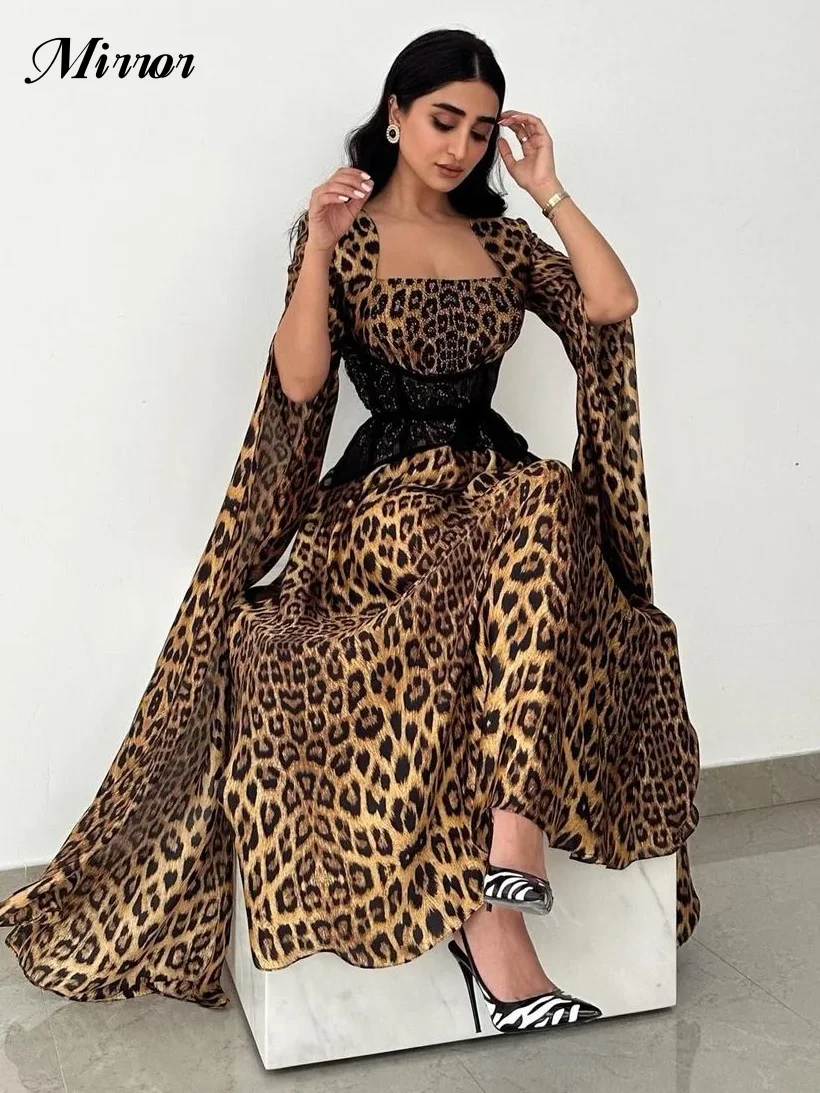 Mirror Dress Elegant Vintage Sexy Leopard Print Square Collar A-Line Customize Formal Occasion Prom Dress Evening Party Gowns