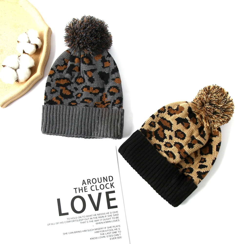 4 Color Knitted Leopard Beanies Skully Trendy Warm with Pompom Fur Pom Pom Print Winter Hat For Women Fashion Gift