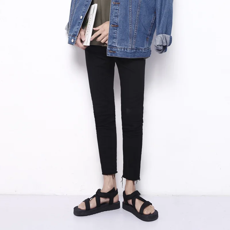 Four Seasons Trendy Men's Slim-fit Nine-point Denim Pants Men's Black Elastic Korean Edition Teen 9-point Pencil Pants