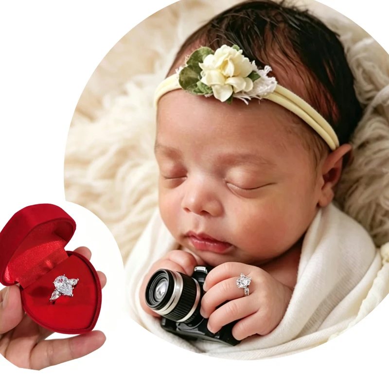 Fake Diamond Ring for Newborn Photoshoot, Pear Shape Cubic Zirconia 3 Stone Prop Ring with Adjustable Band  SIZE US4-US9