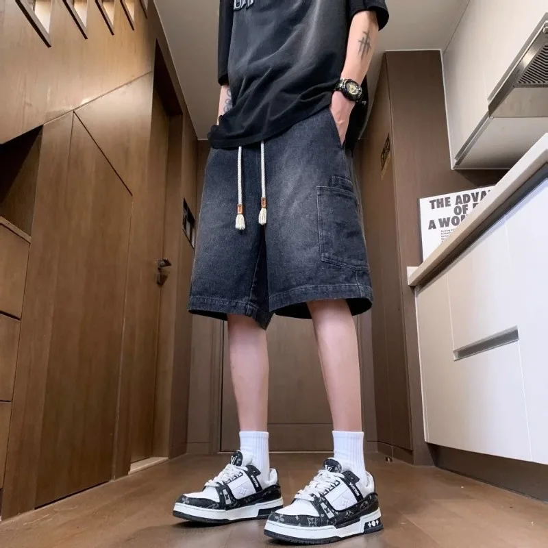 Mens Drawstring Waist Big Cargo Pocket Washed Denim Loose Wide Leg Shorts