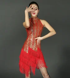 Tango Rumba Dance Costume Red Performance Stage Wear Fringe Latin Dance Dress Woman Tassel Sexy Sequin Ballroom Tango Salsa