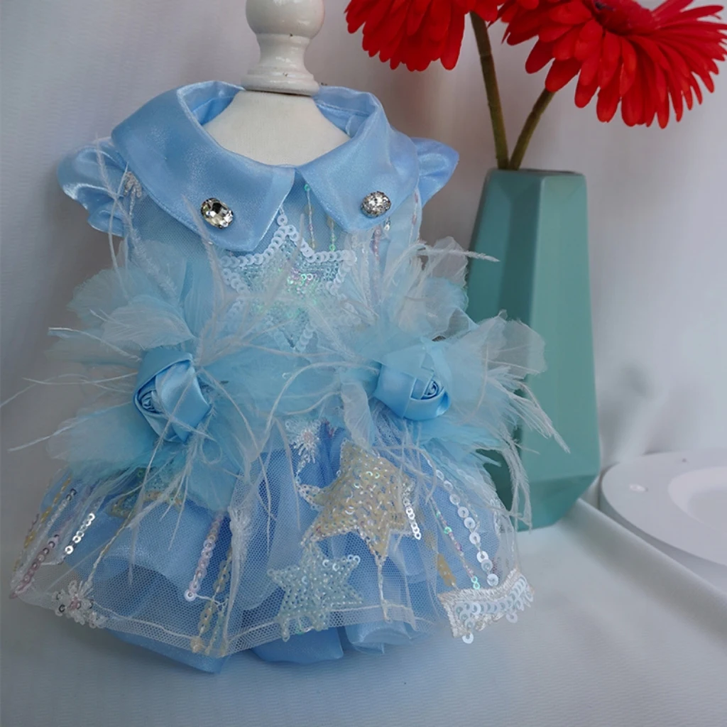 High-end Luxury Light Blue Feather Dresses For Small Medium Dog Fine Handmade Flower Bow Princess Dress Pet Dog Clothes