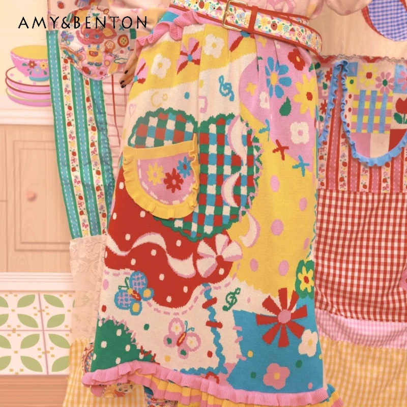 

Французский ретро-дизайн, красочные карманные кружевные вязаные женские юбки, осенние новые милые милые универсальные женские юбки средней длины