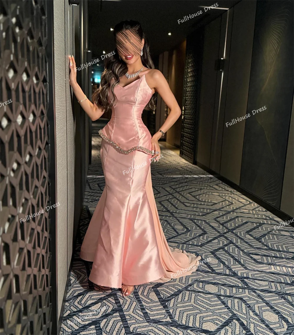 Nach Maß Luxus Zwei Stücke Trägerlosen Perlen Sexy Meerjungfrau Lace up Zurück Langes Abendkleid mit Abnehmbarer Schleppe vestidos de