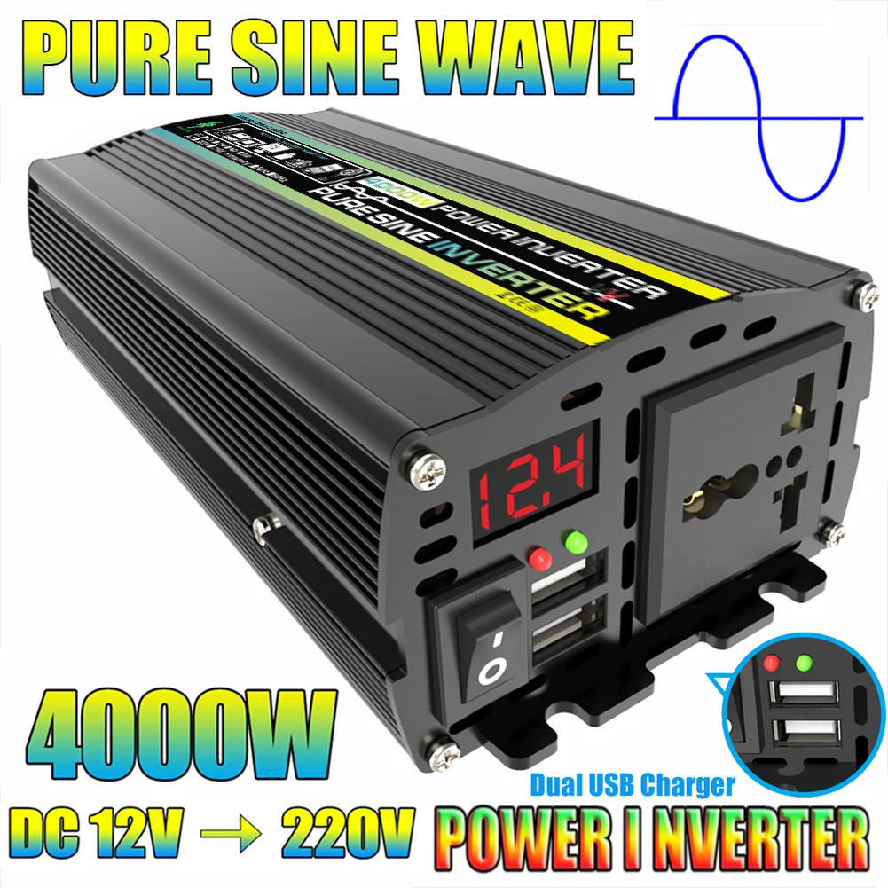 3000/4000/6000/8000W Intelligent Power Inverter LED Display Vehicle Smart Inverter Dual USB Pure Sine Wave for Vehicle Appliance