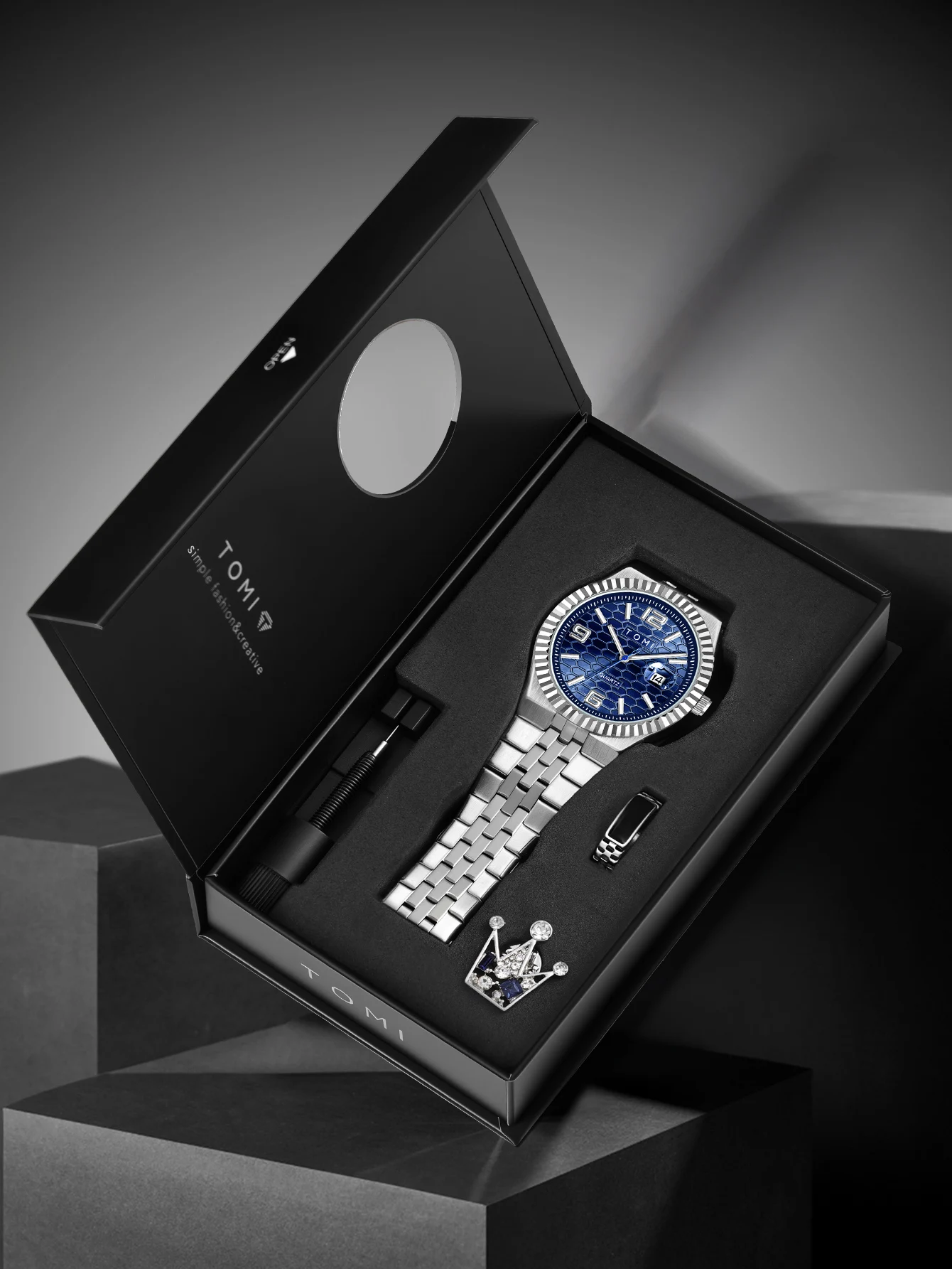 TOMI Luxury Men's Watch Steel Band Calendar Multi-function Quartz