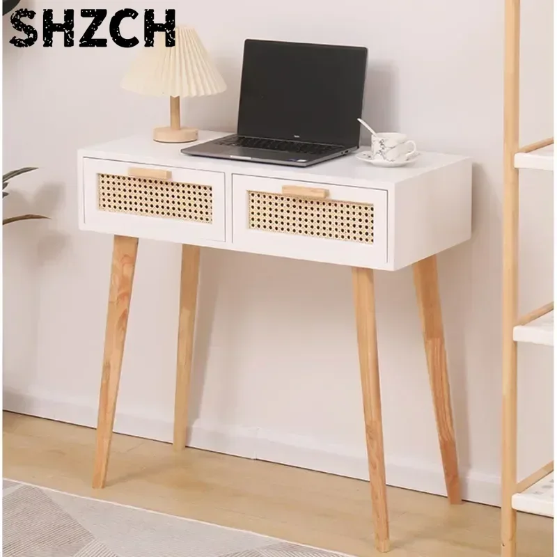 Nordic Solid Wood Dressing Table Bedroom Rattan Jewelry Cabinet Multi-functional Computer Desk, Double Draw Design, Makeup Table