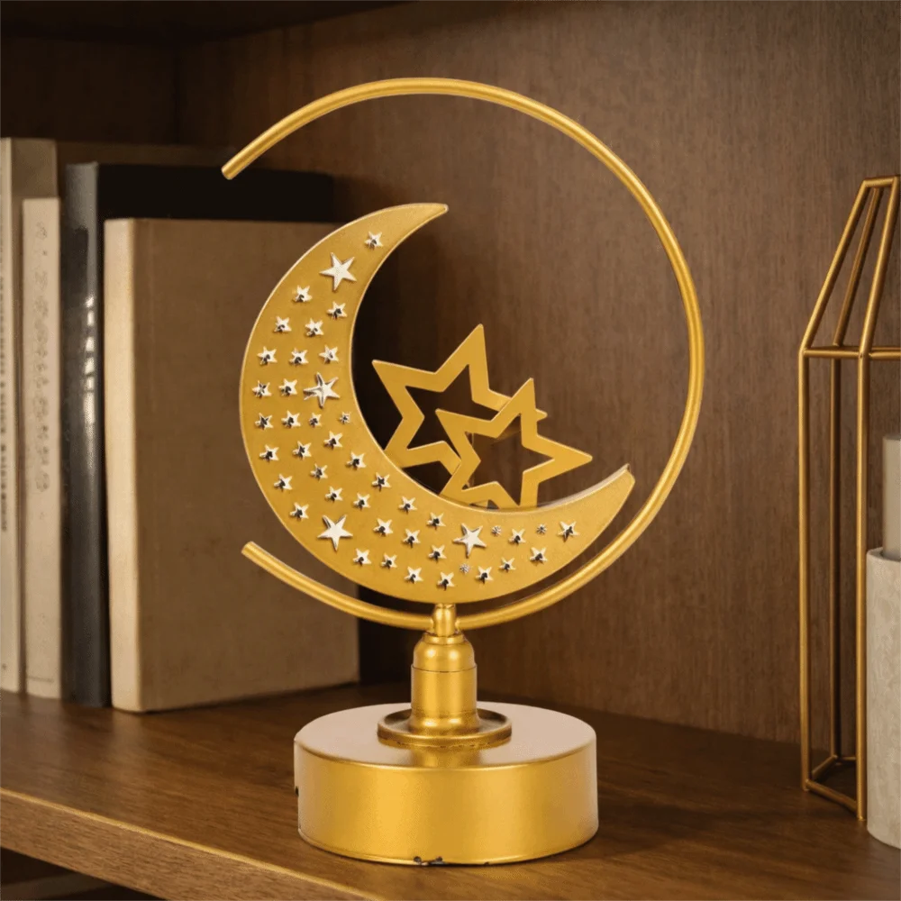 パーティー用品錬鉄製イードムバラク三日月ランプ中空ゴールドラマダンナイトライト暖かい光ムーンledデスクランプ寝室用