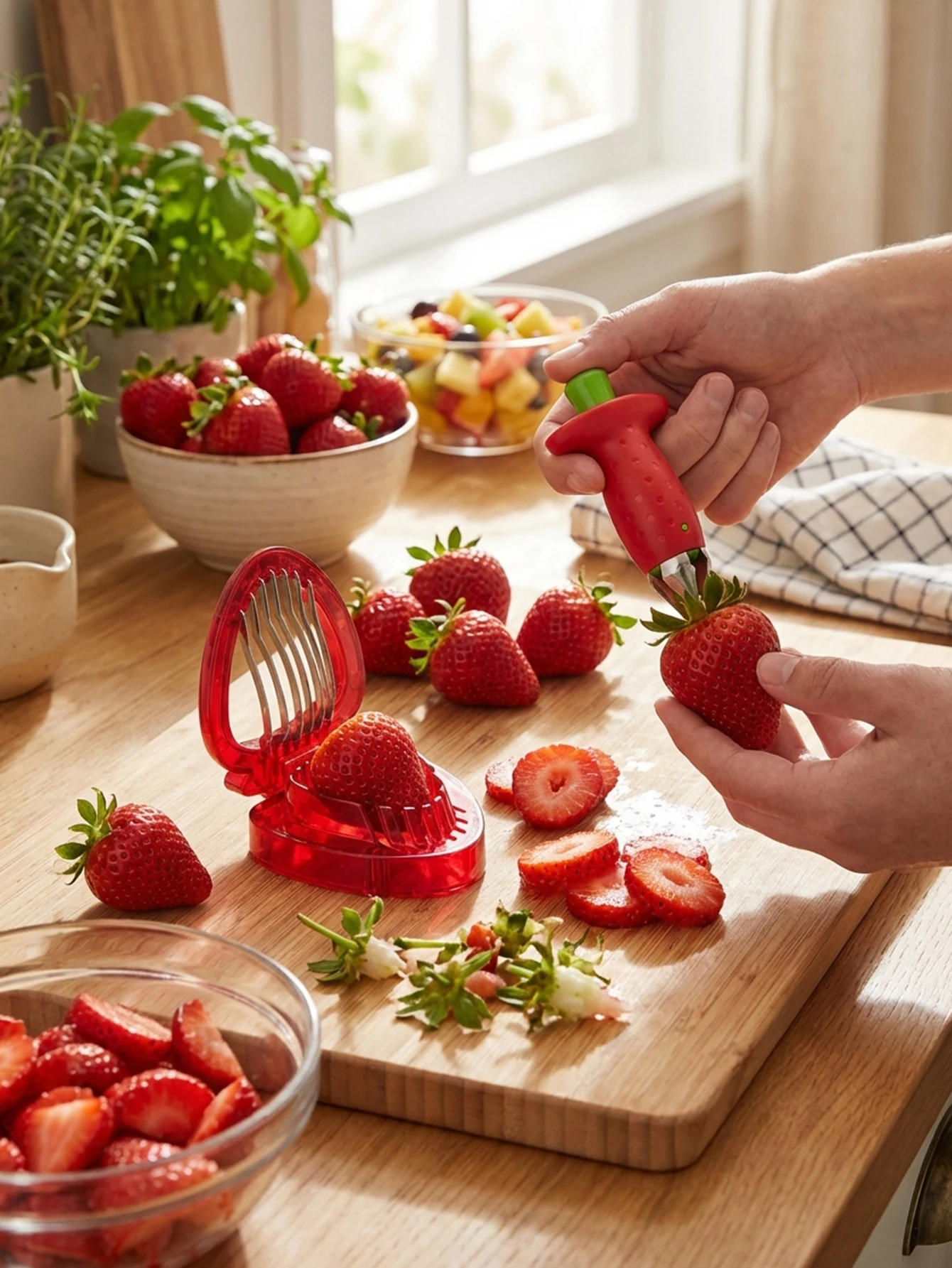 Strawberry Huller Stem Remover and Strawberry Slicer Set,Potatoes Pineapples Carrots Tomato Corer Slicer Cherry Pitter,Fruit Pic