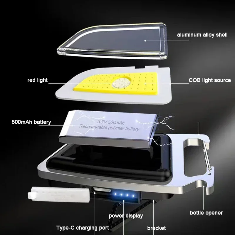 Lampe de travail porte-clés COB avec ouvre-bouteille, support, petite lampe de poche 4 Modes pour Camping randonnée en plein air