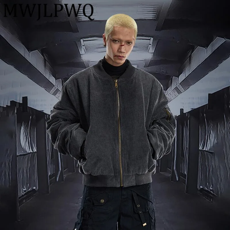 

MWJLPWQ Men's Drawstring Sleeve Corduroy Washed Vintage Padded High Street Loose Baseball Collar Thickened Cotton Coat 12807