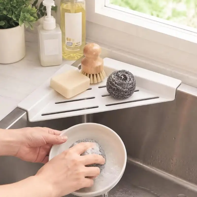 Kitchen Sink Drying Rack Triangle Shelf Corner Over The Sink Sponge Towel Rag Holder Dish Drainer Rack Kitchen Storage Accessor