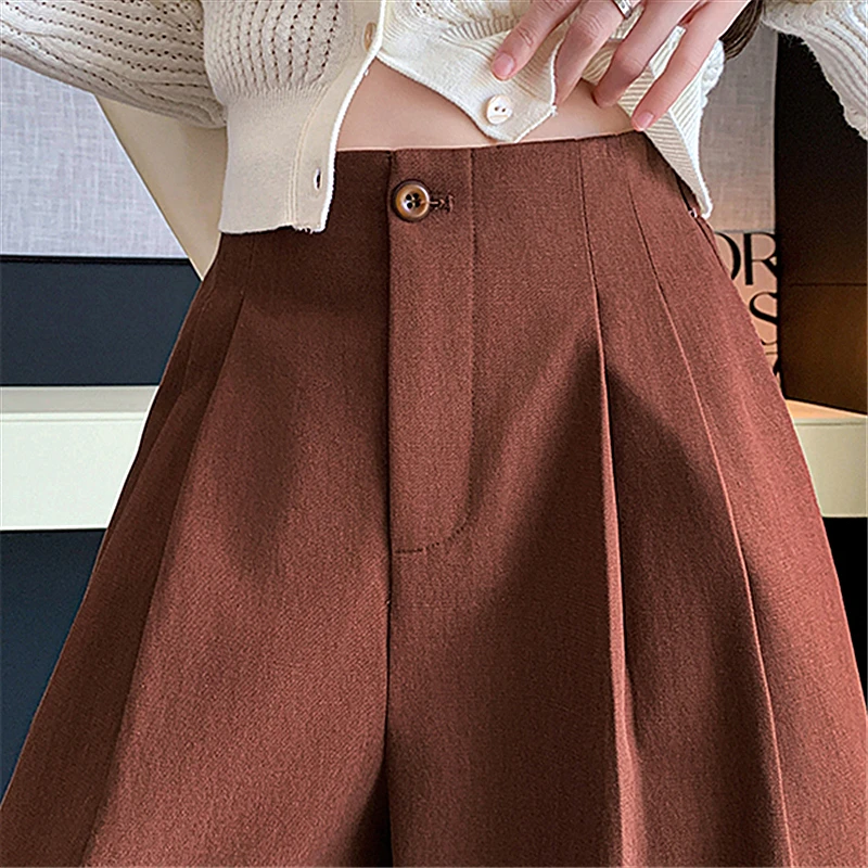 Seoulish pantaloni da donna alla caviglia in tinta unita 2024 autunno nuovo cotone lavato a vita alta gamba larga pantaloni Casual a nove punti femminili