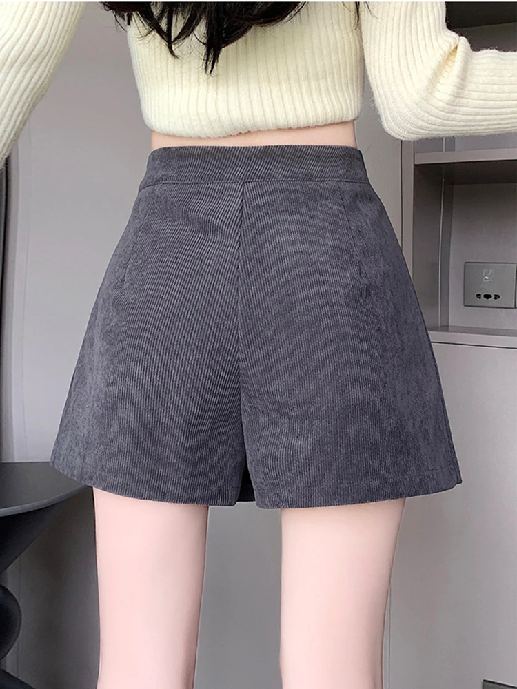 2025 겨울 코듀로이 스커트 반바지 여성 빈티지 플리츠 러플 반바지 루즈 와이드 레그 숏 팬츠 여성용 그레이 블랙 큐롯츠