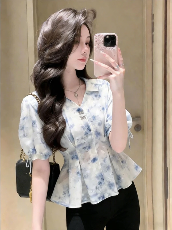 

Summer 2026 Women's Collar Floral Print Short Sleeve Shirt Pleated Waist Slimming Korean Style Commute Fashion Top