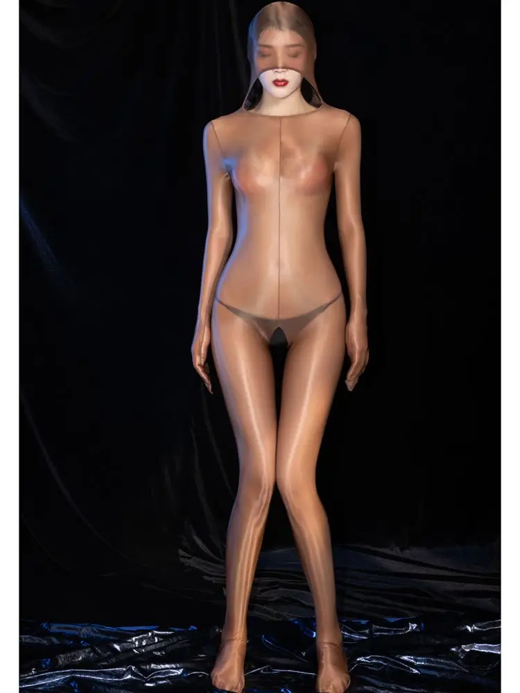 Hooded Nylon Shiny Catsuit Package Hand Pantyhsoe Bodystocking Tights Transparent Conjoined Open Crotch Bodysuit Sexy Lingerie