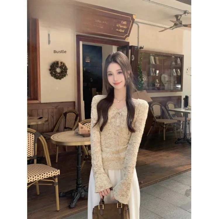 Winter Damen Fce gefütterte bestickte Spitze irt V Ne Fliege Slim Fit Pure Desire Design Sense Top Knot