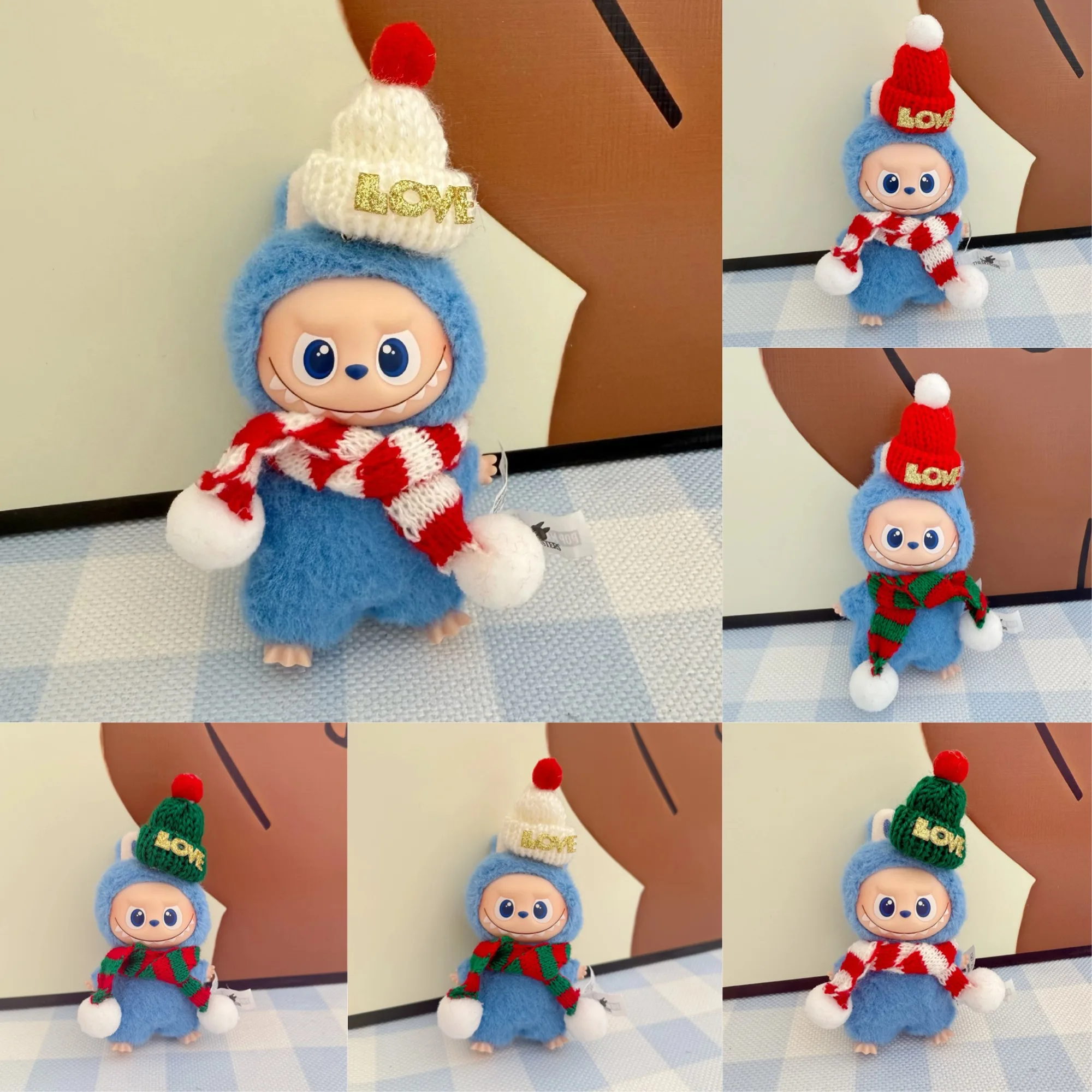 

10cm Mini Labubu 4.0 Doll Clothes 4th-Gen Labubu Green Red "LOVE" Hat Pom-pom Scarf Winter Christmas Sets for Mini Labubu