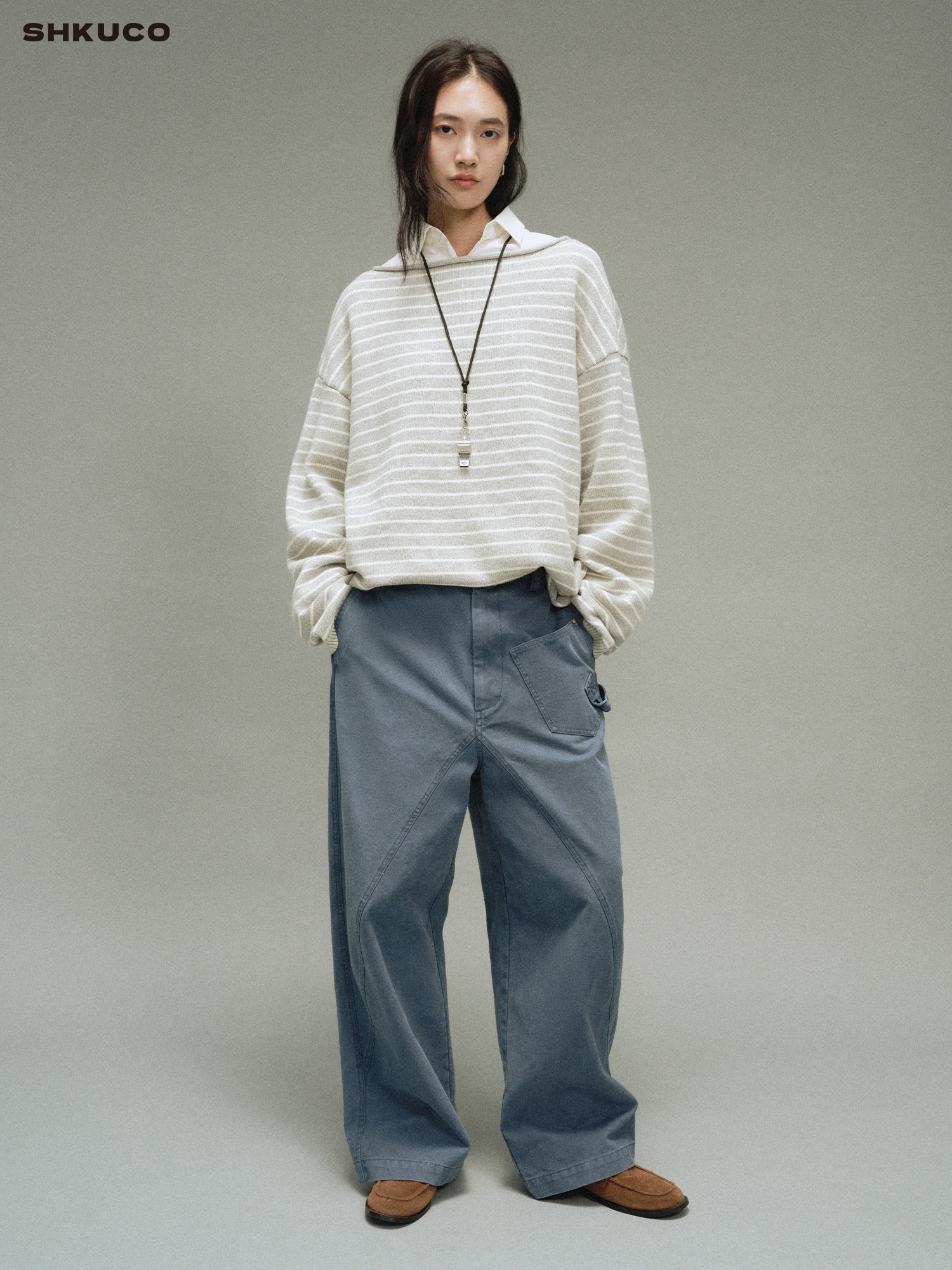 

Винтажный полосатый свитер KUCO свободного кроя с длинными рукавами, текстурированный, на одно плечо, удобный, из хлопкового трикотажа