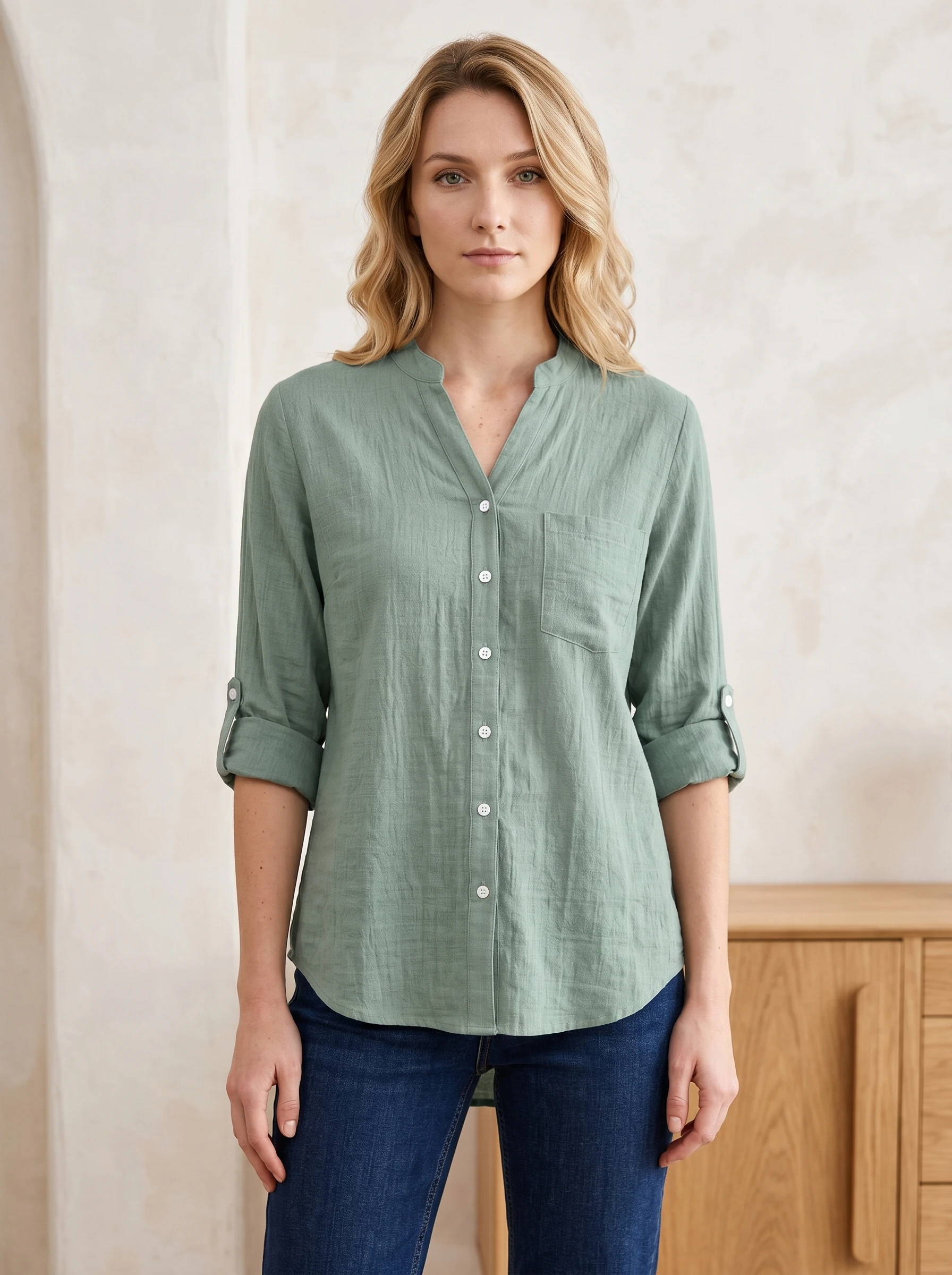 New Women's Sun-Protective Linen Shirt | Japanese Style Fresh Loose 3-Quarter Sleeve Stand-Up Collar
